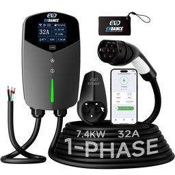 EVDANCE 32A single-phase wallbox EV charger with a coiled Type 2 charging cable, plug holster and RFID card