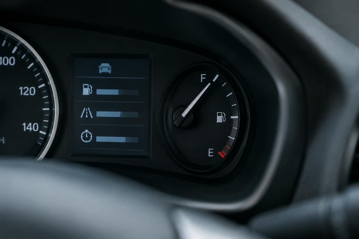 Close-up of a car instrument cluster showing the fuel gauge
