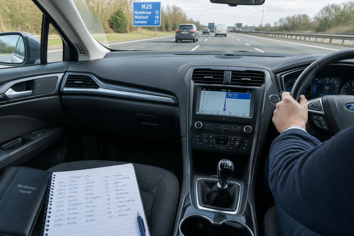 Handwritten business mileage log on the passenger seat of a car on a UK motorway