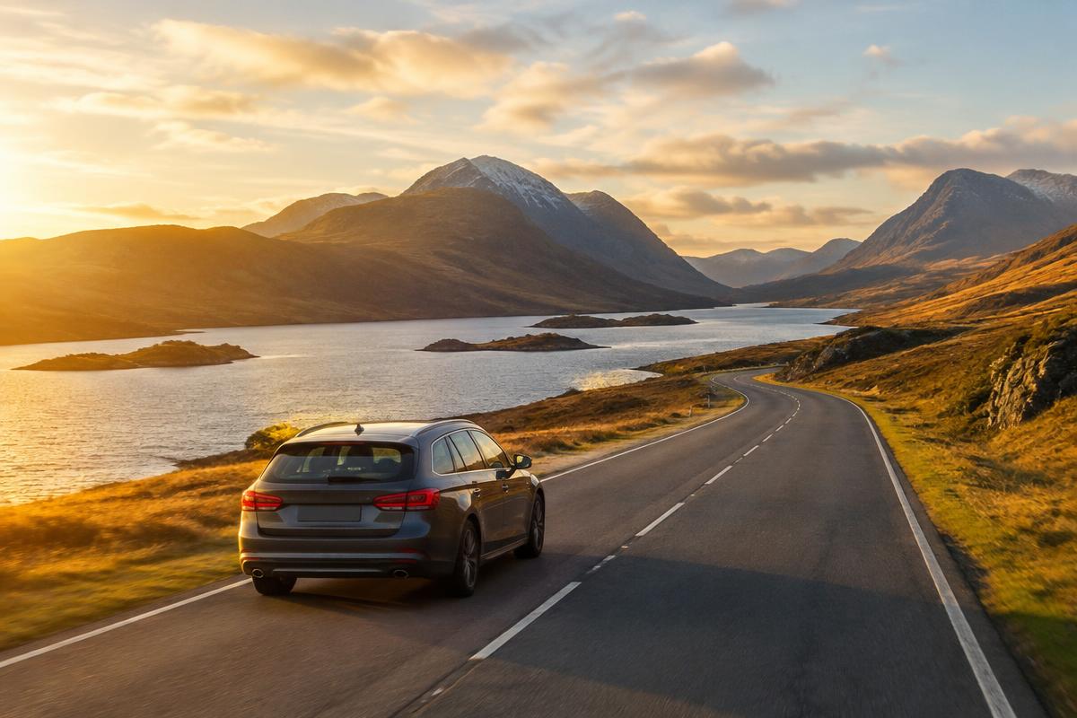 Car on a long road trip through the Scottish Highlands at sunset